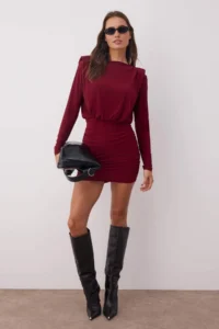 TRENDYOLMİLLA Burgundy padded Draped Fitted Mini Flexible Knitting Pen Dress - Image 2
