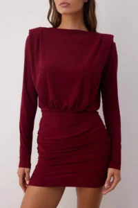 TRENDYOLMİLLA Burgundy padded Draped Fitted Mini Flexible Knitting Pen Dress - Image 3