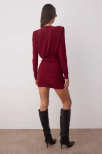 TRENDYOLMİLLA Burgundy padded Draped Fitted Mini Flexible Knitting Pen Dress - Image 4