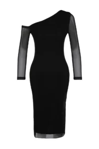 TRENDYOLMİLLA Black Plain Lined Midi Lined Asymmetric Yaka Knitting Dress - Image 7