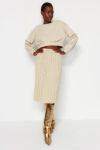 TRENDYOLMİLLA Stone Midi Simli pleated Knitwear Skirt - Image 2