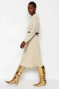 TRENDYOLMİLLA Stone Midi Simli pleated Knitwear Skirt - Image 4