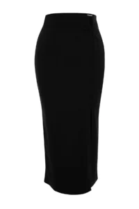TRENDYOLMİLLA Black Crepe with buckle Slit detailed Maxi High Waist Flexible Knitting Skirt - Image 10
