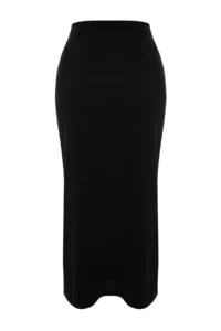 TRENDYOLMİLLA Black Crepe with buckle Slit detailed Maxi High Waist Flexible Knitting Skirt - Image 12
