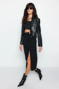 TRENDYOLMİLLA Black Crepe with buckle Slit detailed Maxi High Waist Flexible Knitting Skirt - Image 6