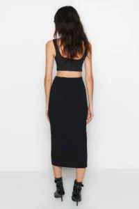 TRENDYOLMİLLA Black Crepe with buckle Slit detailed Maxi High Waist Flexible Knitting Skirt - Image 9