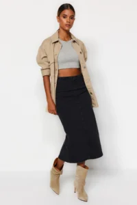 TRENDYOLMiLLA More Sustainable Black Stitching Detailed Midi Pen comfort/Flexible denim Skirt - Image 2