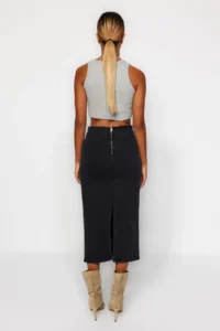 TRENDYOLMiLLA More Sustainable Black Stitching Detailed Midi Pen comfort/Flexible denim Skirt - Image 5