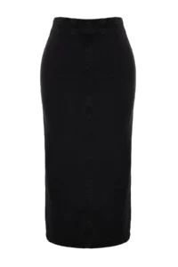 TRENDYOLMiLLA More Sustainable Black Stitching Detailed Midi Pen comfort/Flexible denim Skirt - Image 6