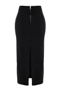 TRENDYOLMiLLA More Sustainable Black Stitching Detailed Midi Pen comfort/Flexible denim Skirt - Image 8