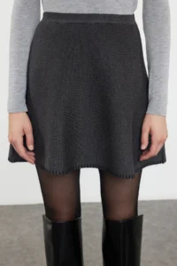 TRENDYOLMİLLA Anthracite Mini Cotton Blended Knitwear Skirt - Image 3