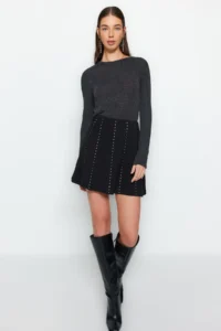 TRENDYOLMİLLA Black Stone with accessories Mini skater/Waisted Knitting Skirt