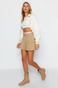 TRENDYOLMiLLA Beige Double Belt Detailed pleated Mini Weaving Skirt - Image 2