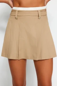 TRENDYOLMiLLA Beige Double Belt Detailed pleated Mini Weaving Skirt - Image 5