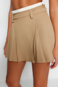 TRENDYOLMiLLA Beige Double Belt Detailed pleated Mini Weaving Skirt - Image 6