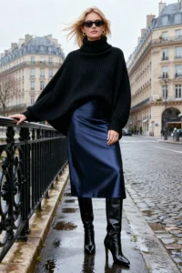 TRENDYOLMİLLA Indigo Satin A Cut/Life Form Midi Knitting Skirt