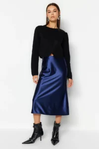 TRENDYOLMİLLA Indigo Satin A Cut/Life Form Midi Knitting Skirt - Image 10