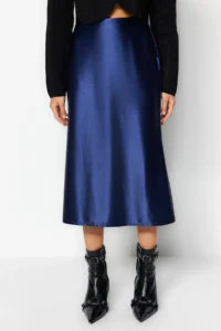 TRENDYOLMİLLA Indigo Satin A Cut/Life Form Midi Knitting Skirt - Image 11