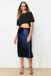 TRENDYOLMİLLA Indigo Satin A Cut/Life Form Midi Knitting Skirt - Image 2