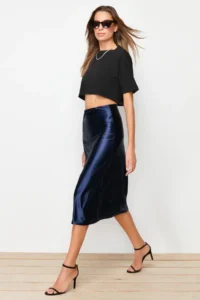 TRENDYOLMİLLA Indigo Satin A Cut/Life Form Midi Knitting Skirt - Image 3