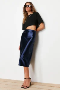 TRENDYOLMİLLA Indigo Satin A Cut/Life Form Midi Knitting Skirt - Image 4