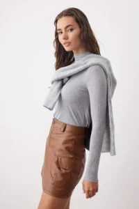 TRENDYOLMİLLA Brown Faux Leather Cargo with pocket High Waist Bodycon Mini Skirt - Image 2