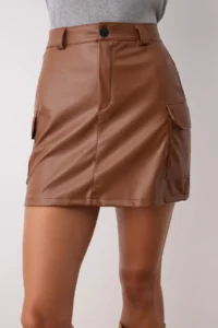 TRENDYOLMİLLA Brown Faux Leather Cargo with pocket High Waist Bodycon Mini Skirt - Image 3