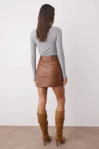 TRENDYOLMİLLA Brown Faux Leather Cargo with pocket High Waist Bodycon Mini Skirt - Image 4