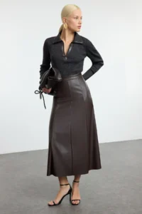 TRENDYOLMİLLA Dark Brown Faux Leather High Waist Maxi Skirt