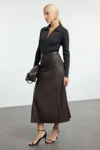 TRENDYOLMİLLA Dark Brown Faux Leather High Waist Maxi Skirt - Image 2