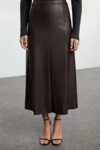 TRENDYOLMİLLA Dark Brown Faux Leather High Waist Maxi Skirt - Image 3