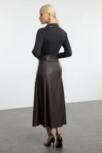 TRENDYOLMİLLA Dark Brown Faux Leather High Waist Maxi Skirt - Image 5
