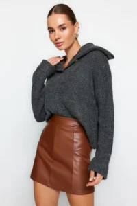 TRENDYOLMİLLA Brown Faux Leather High Waist Mini Knitting Skirt
