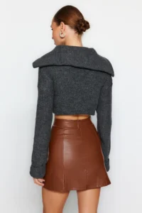 TRENDYOLMİLLA Brown Faux Leather High Waist Mini Knitting Skirt - Image 5