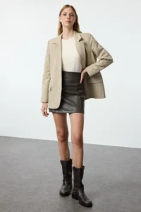 TRENDYOLMİLLA Khaki Faux Leather High Waist Skirt - Image 2
