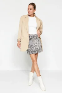 TRENDYOLMİLLA Multicolored Snakeskin Patterned High Waist slit interlock Mini Knitting Skirt - Image 5
