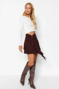 TRENDYOLMİLLA Brown Ruffle Detailed with flywheel Mini Flexible Knitting Skirt - Image 2