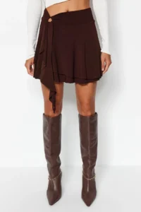 TRENDYOLMİLLA Brown Ruffle Detailed with flywheel Mini Flexible Knitting Skirt - Image 5