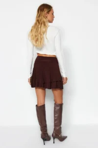 TRENDYOLMİLLA Brown Ruffle Detailed with flywheel Mini Flexible Knitting Skirt - Image 7