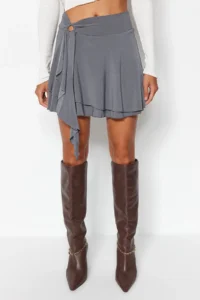 TRENDYOLMİLLA Open Anthracite Ruffle Detailed with flywheel Mini Flexible Knitting Skirt - Image 2