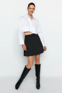 TRENDYOLMİLLA Black skater Mini with flywheel Knitting Skirt