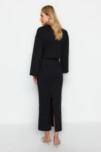 TRENDYOLMİLLA Black Fish/Fitting Stone Accessory Detailed Midi Knitting Skirt - Image 5