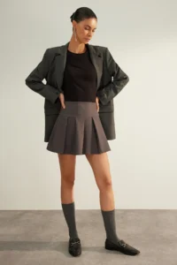 TRENDYOLMiLLA Anthracite Premium High Quality pleated Mini Size Weaving Skirt - Image 2