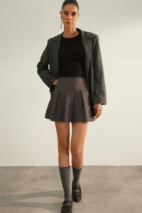 TRENDYOLMiLLA Anthracite Premium High Quality pleated Mini Size Weaving Skirt - Image 4