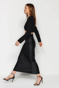 TRENDYOLMiLLA Black Fish Kesim Satin Maxi Size Weaving Skirt - Image 3