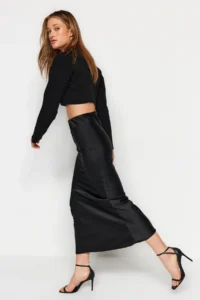 TRENDYOLMiLLA Black Fish Kesim Satin Maxi Size Weaving Skirt - Image 4