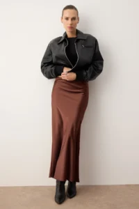 TRENDYOLMiLLA Dark Brown Fish Kesim Satin Maxi Size Weaving Skirt
