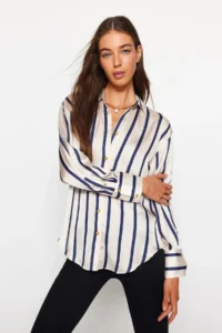 TRENDYOLMİLLA Ecru Striped Satin Material Oversized Wide Pattern Weaving Shirt - Image 2