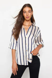TRENDYOLMİLLA Ecru Striped Satin Material Oversized Wide Pattern Weaving Shirt - Image 3