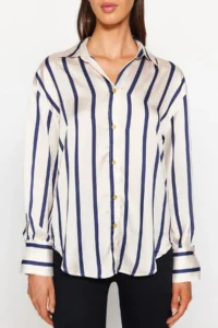 TRENDYOLMİLLA Ecru Striped Satin Material Oversized Wide Pattern Weaving Shirt - Image 5